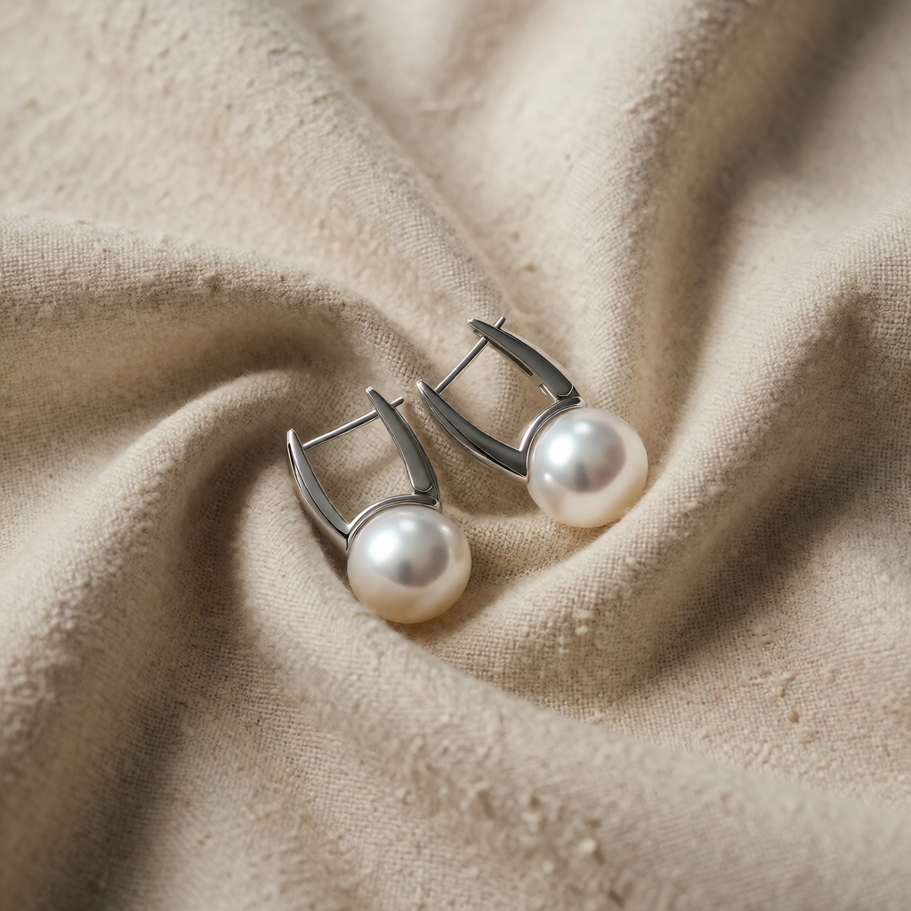 Silver Huggie Earrings Béibhinn with Pearl