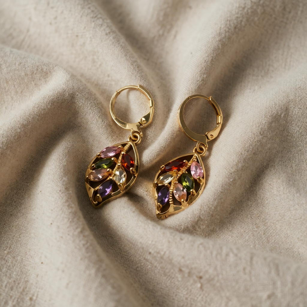 Gold Drop Earrings with Multicolour Crystal Leaf Motif