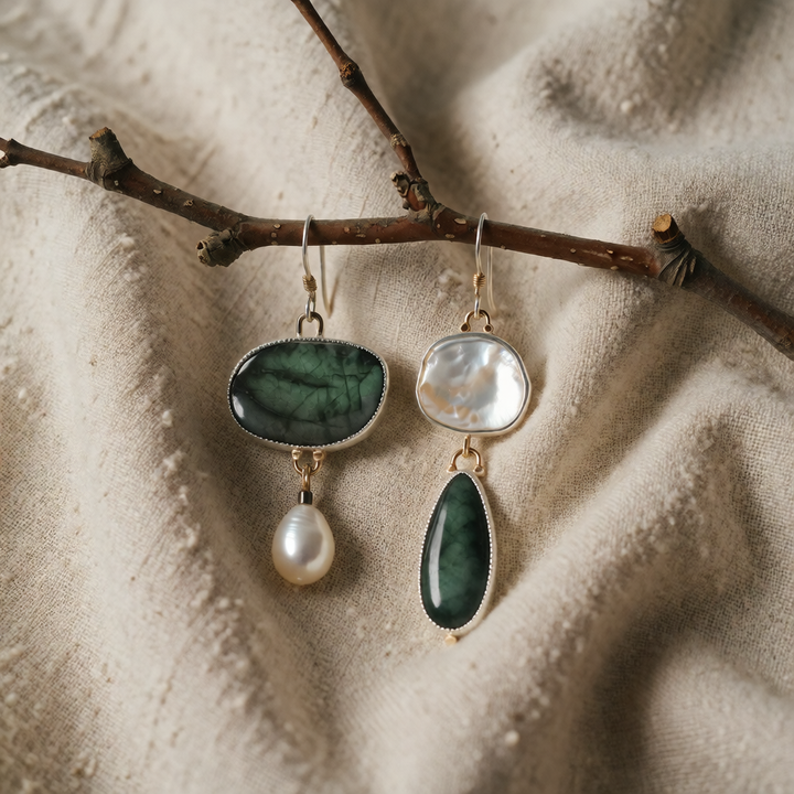 Silver Drop Earrings Ciara with Green Stone and Pearl
