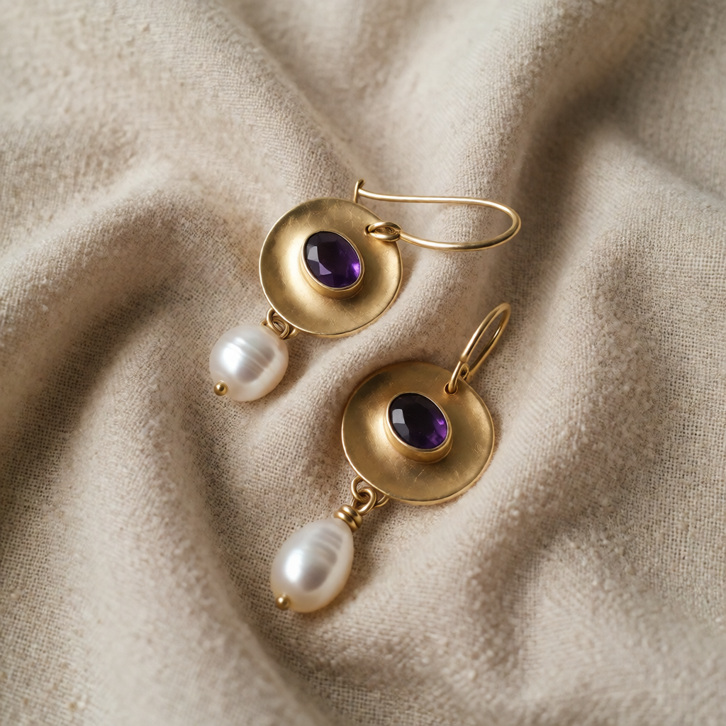 Gold Drop Earrings Órla with Amethyst & Pearl