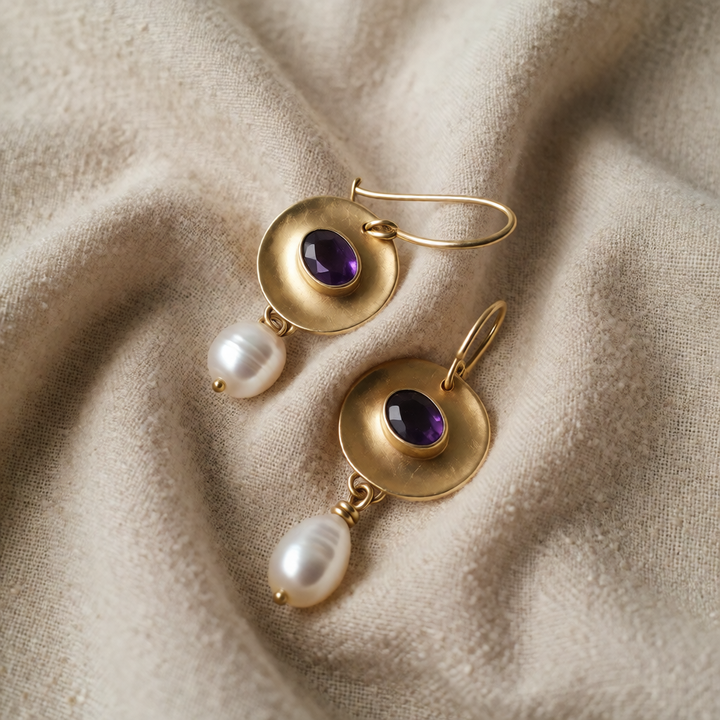 Gold Drop Earrings Órla with Amethyst & Pearl