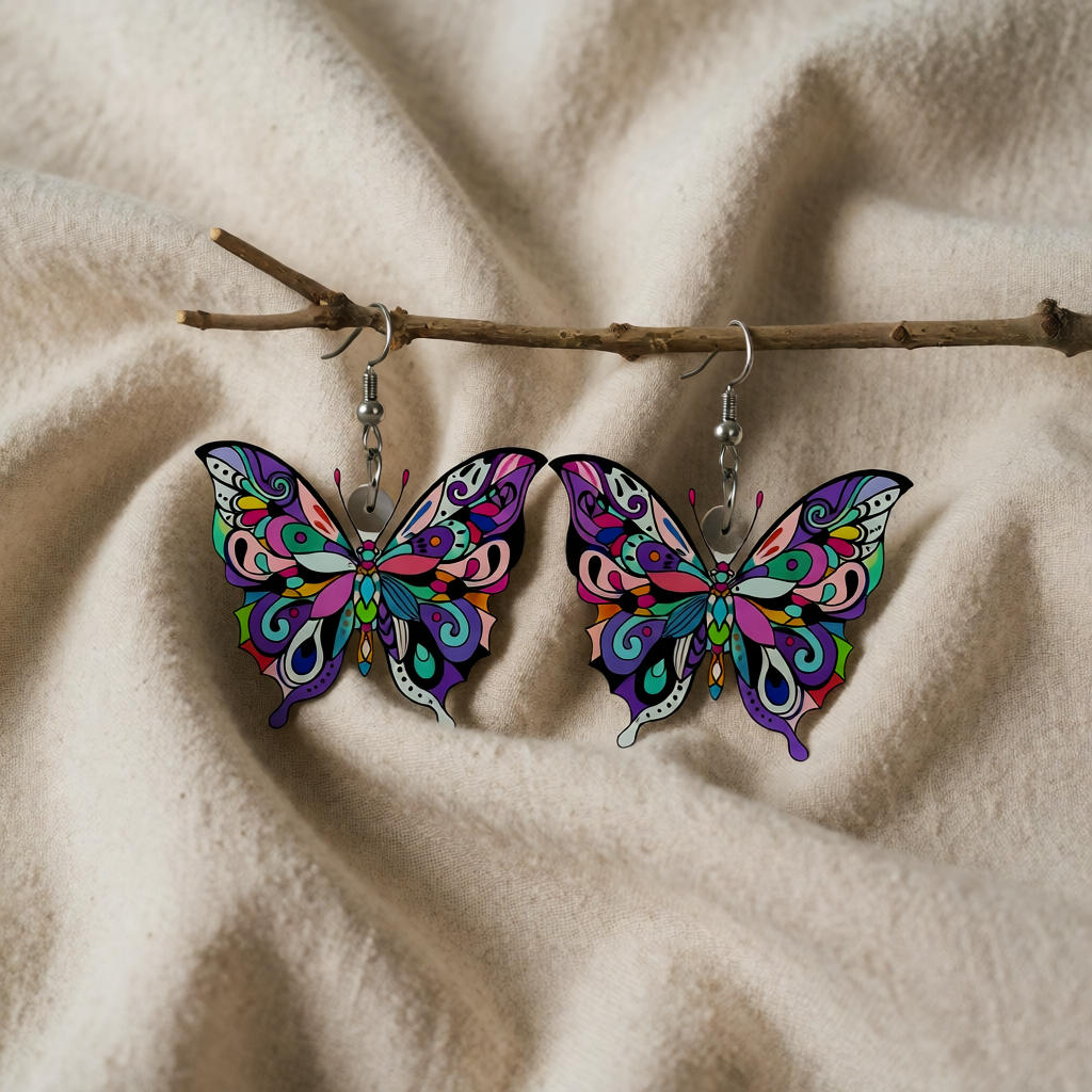 Colourful Drop Earrings Íde with Butterfly Motif