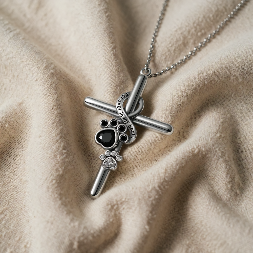 Sterling Silver Necklace with Cross and Paw Prints