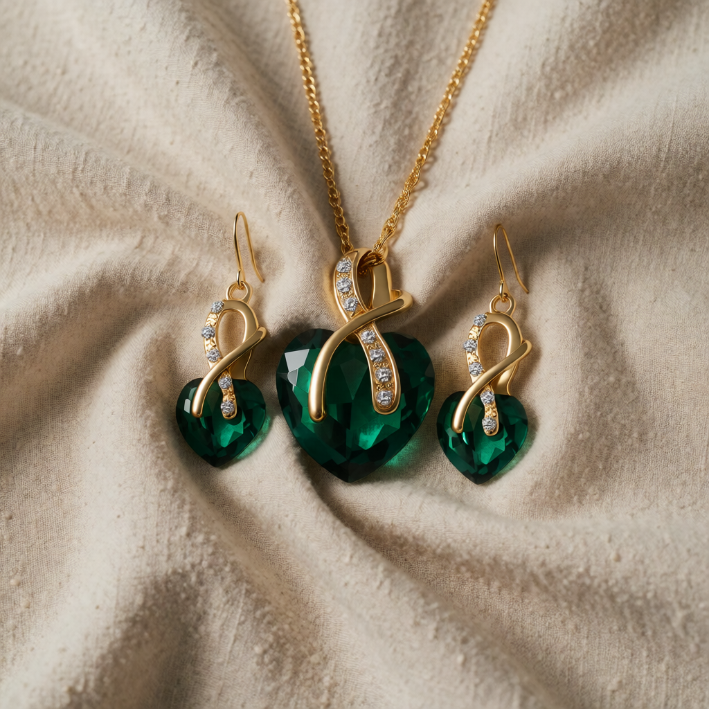 Gold Heart Necklace and Earrings Set with Emerald and Zirconia