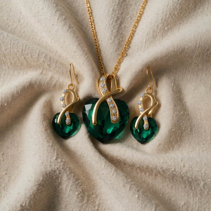 Gold Heart Necklace and Earrings Set with Emerald and Zirconia