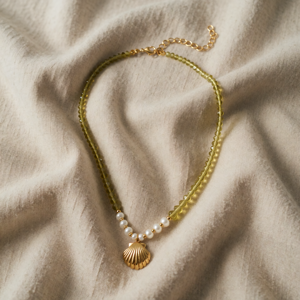 Peridot Beaded Necklace Niamh with Shell Pendant