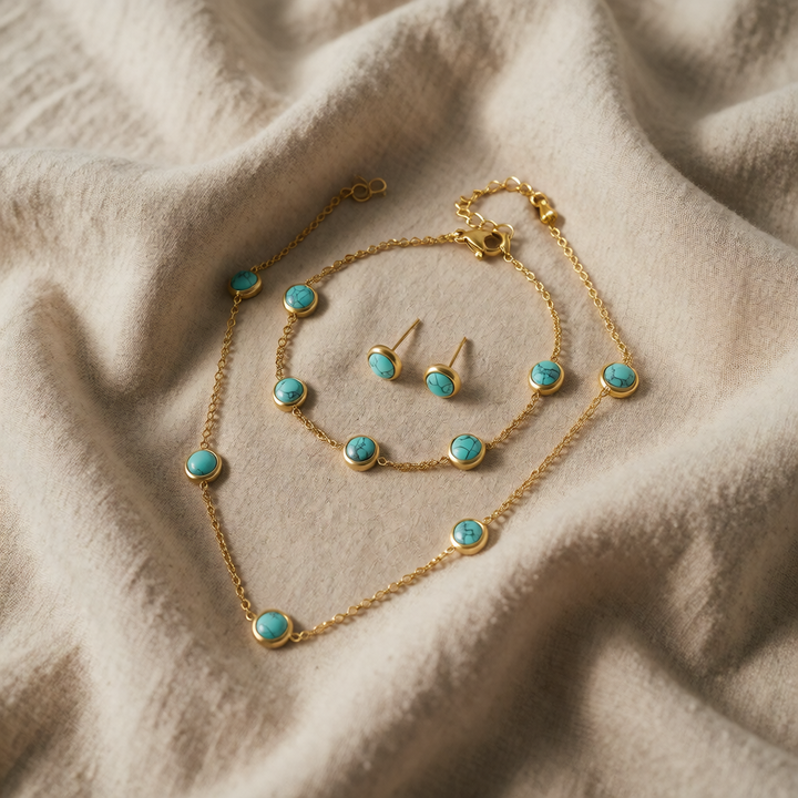 Gold Turquoise Bracelet, Necklace & Earrings Set