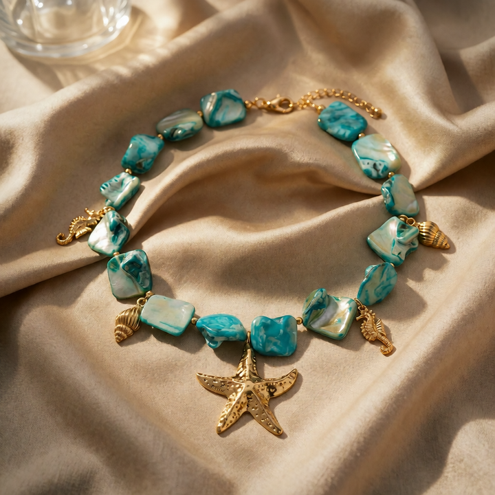 Gold Beaded Necklace Muirne with Turquoise and Starfish