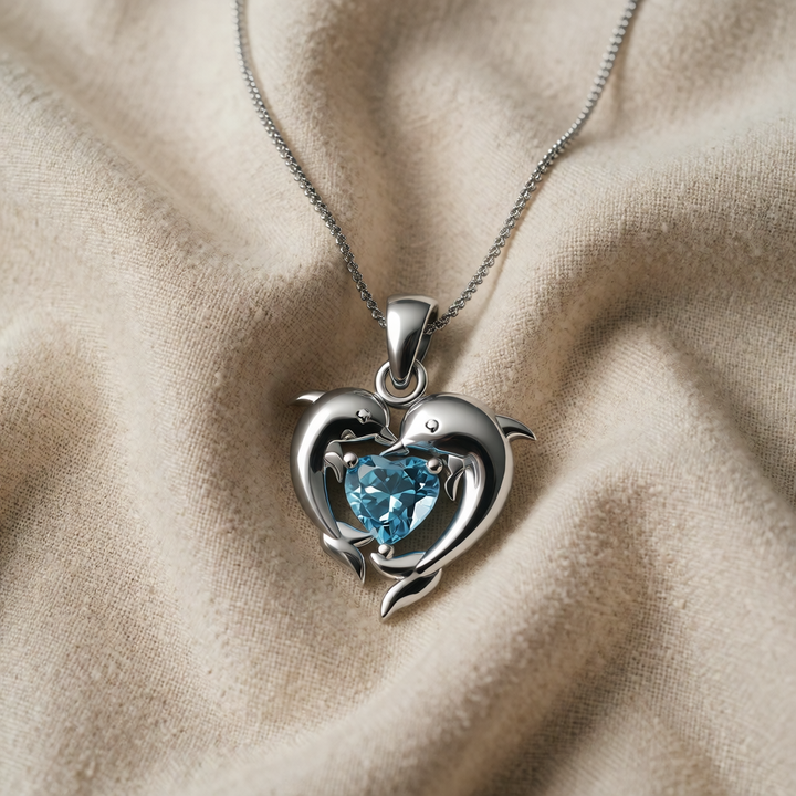Silver Necklace Muirne with Dolphins and Blue Heart