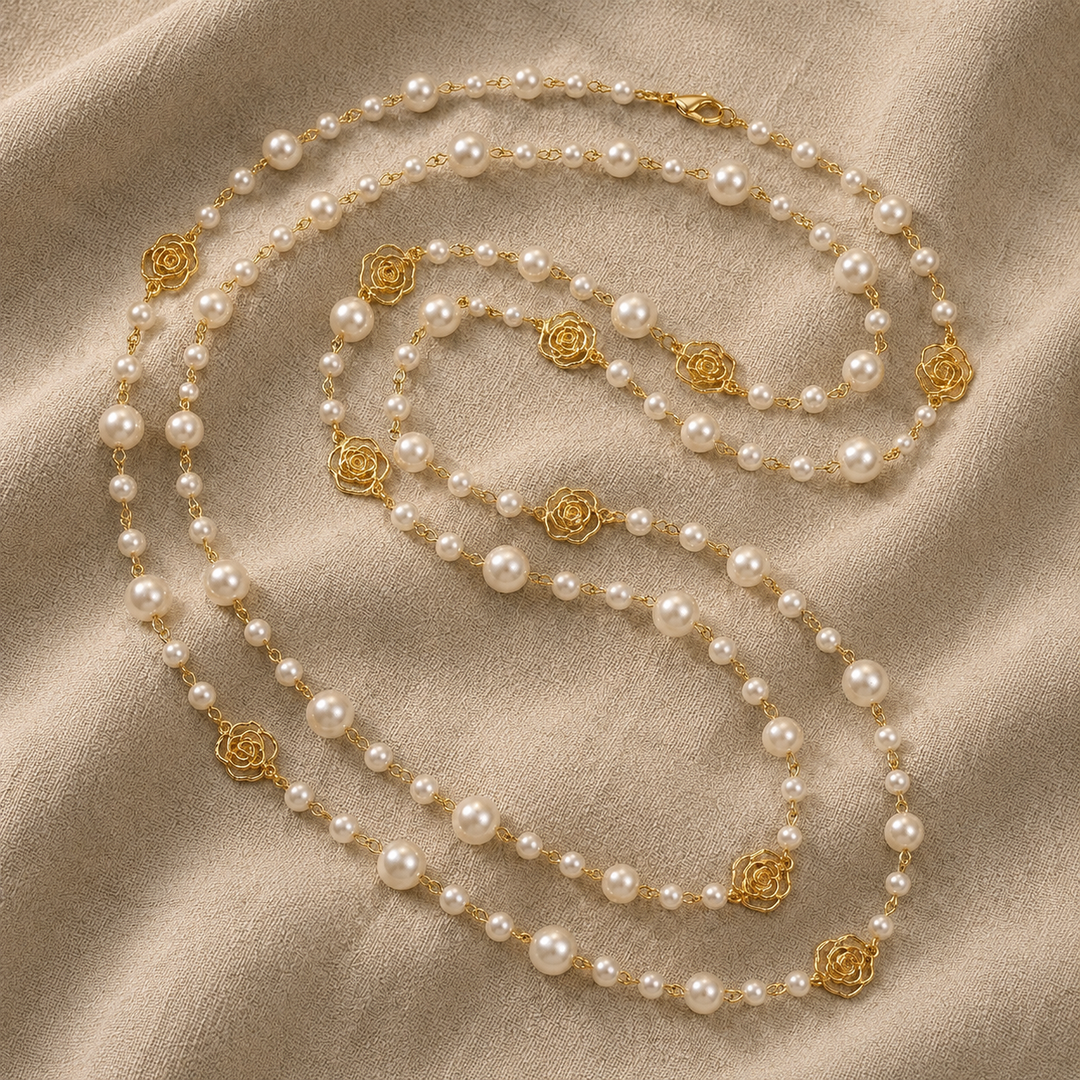 Pearl Beaded Necklace Muirne with Gold Rose Motif