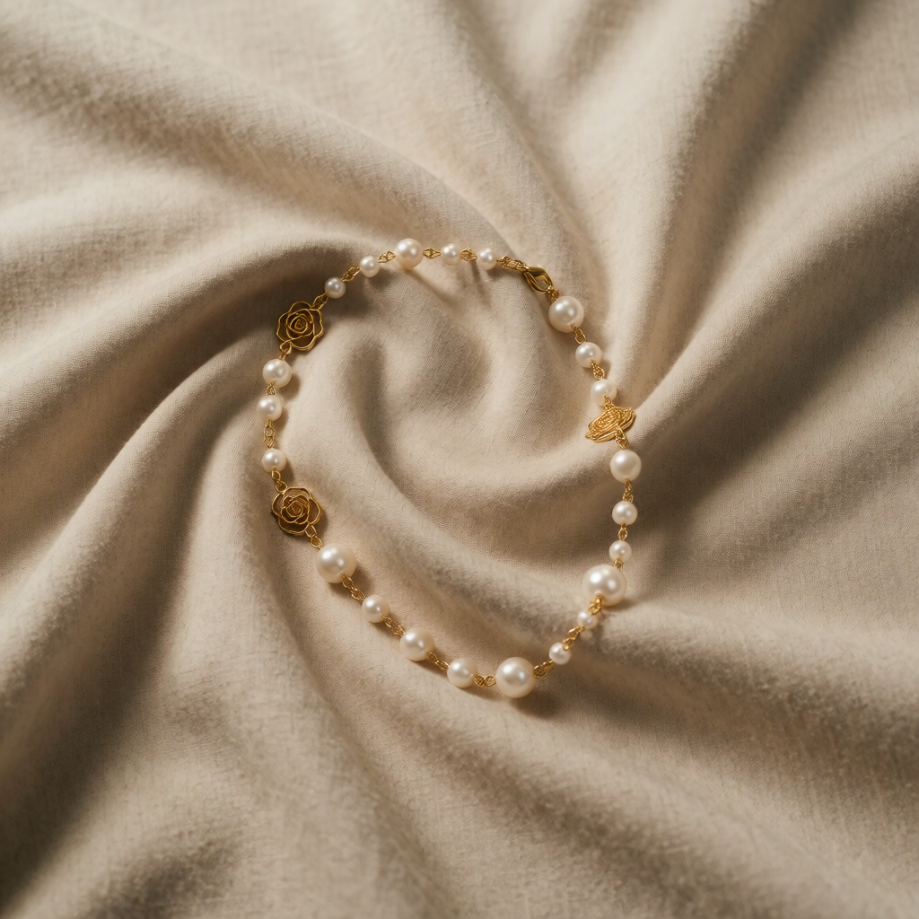 Gold-Plated Pearl Necklace Nuala with Rose Motifs