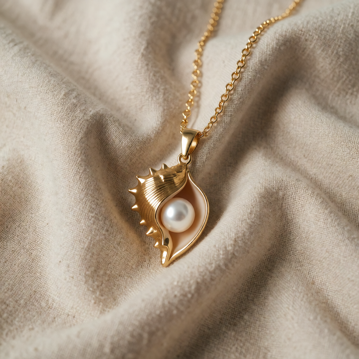 Gold Necklace Muirne with Shell & Pearl