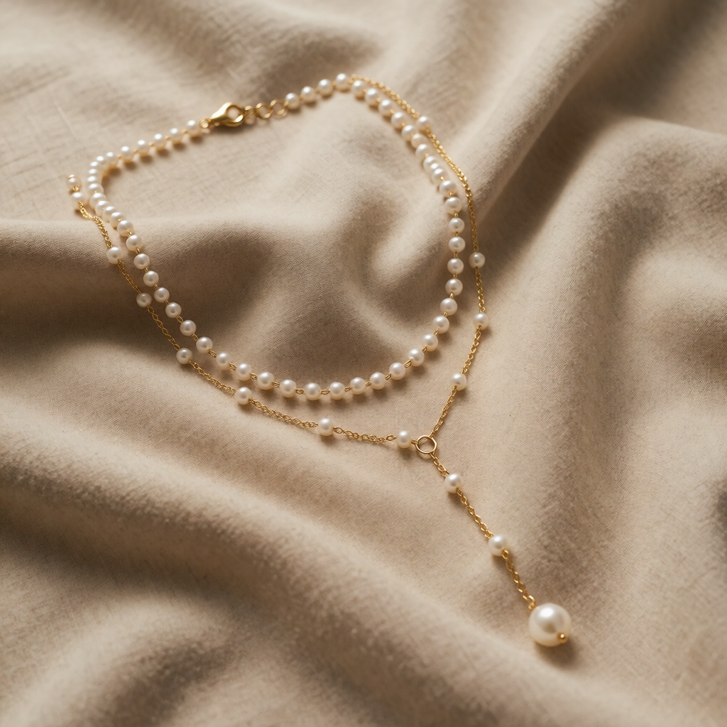 Gold Beaded Necklace Kenmare with Pearl Y-Drop