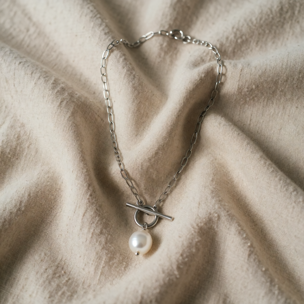 Silver Necklace with Baroque Pearl and Toggle Clasp