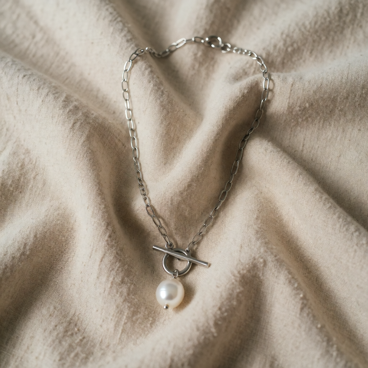 Silver Necklace with Baroque Pearl and Toggle Clasp