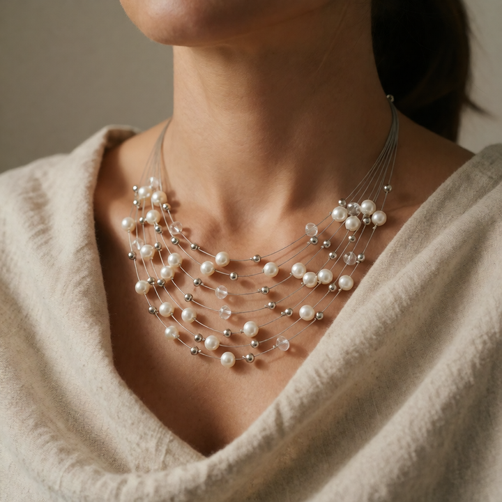 Pearl Beaded Necklace Clifden with Floating Pearls