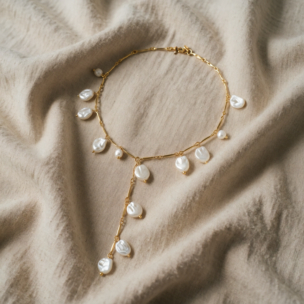 Gold Charm Necklace with Cascading Pearl Drops