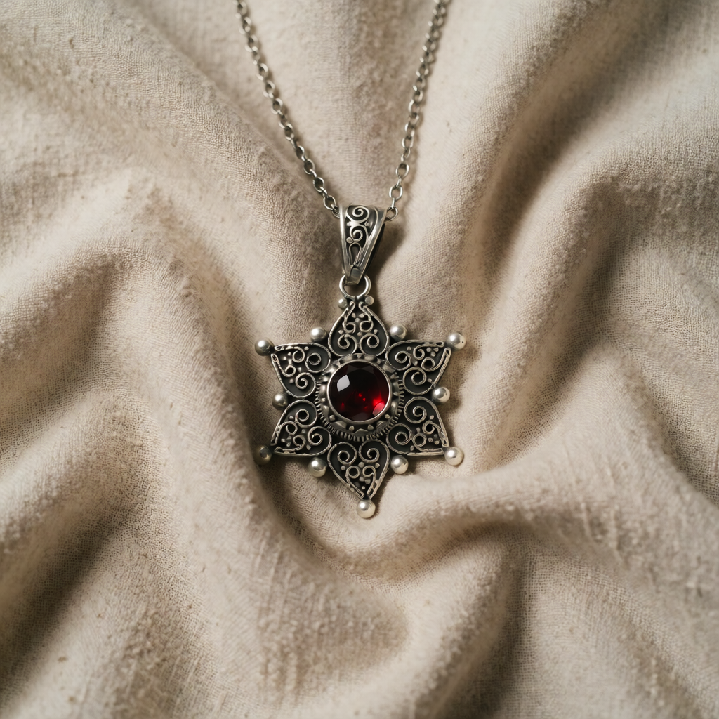 Silver Necklace Nuala with Ruby Star