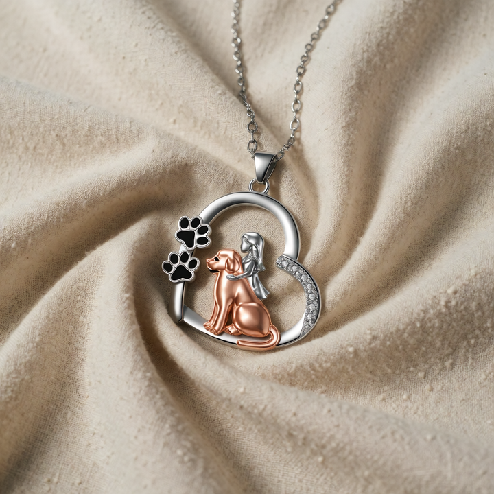 Silver & Rose Gold Necklace with Girl and Dog Motif