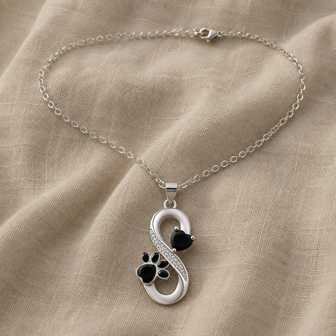 Silver Necklace Bláthnaid with Infinity and Paw Print