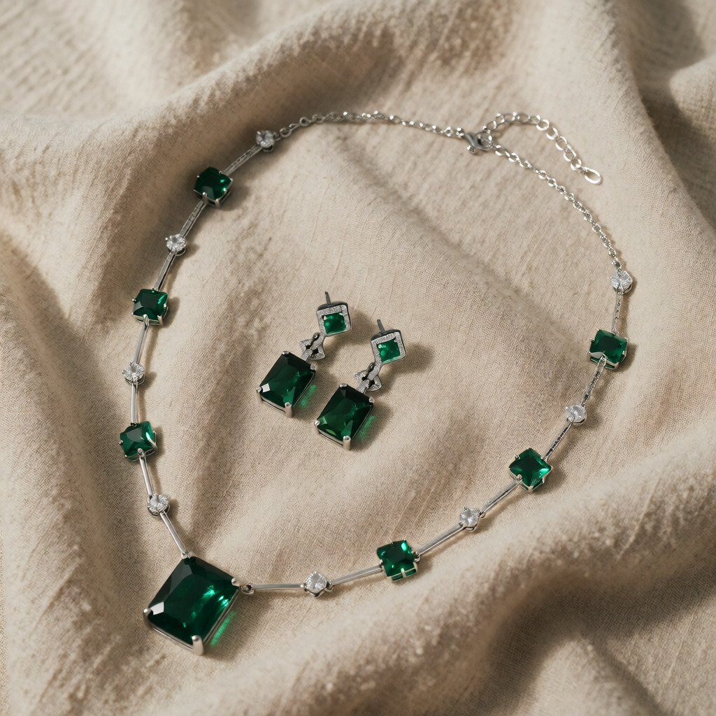 Silver Necklace Set Órla with Emerald
