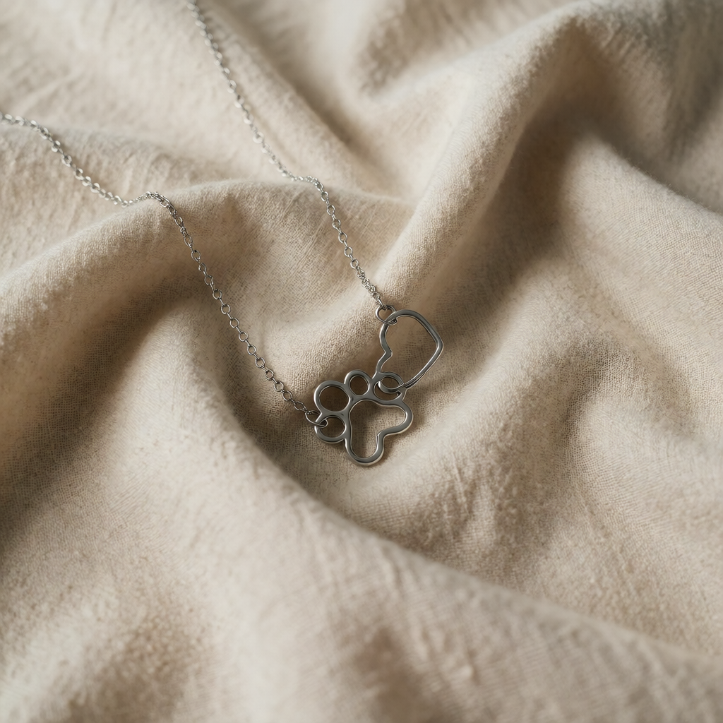 Silver Necklace Nóra with Paw Print and Heart