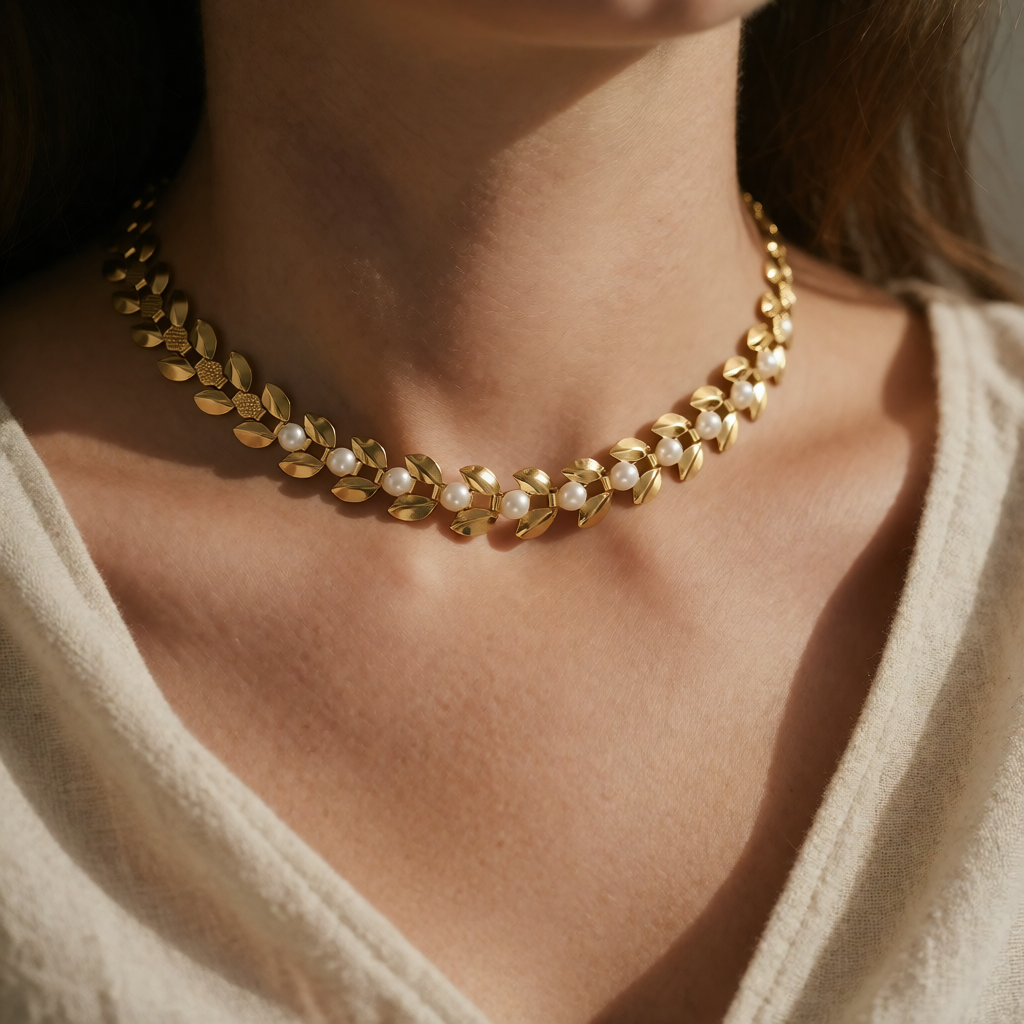Gold Choker Necklace Órla with Leaf Links and Pearls