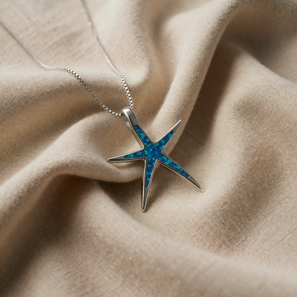 Silver Necklace Muirne with Starfish and Blue Opal