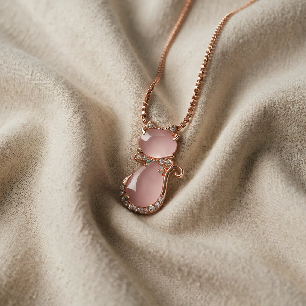 Rose Gold Necklace Fiadh with Cat and Pink Stone