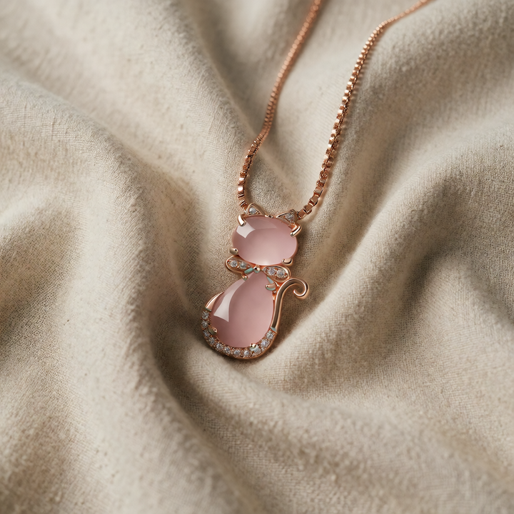 Rose Gold Necklace Fiadh with Cat and Pink Stone