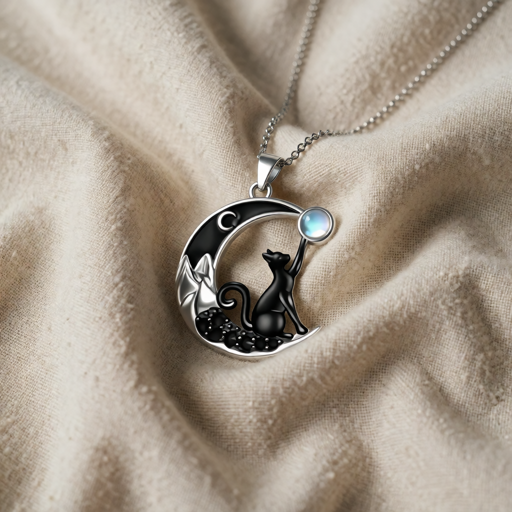 Silver Necklace with Cat on the Moon and Moonstone
