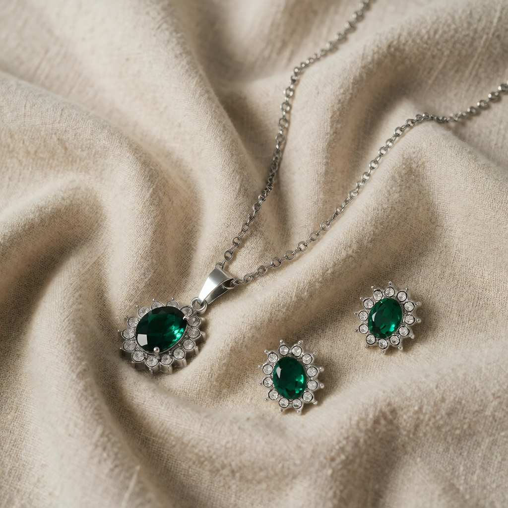 Silver Necklace Ciara with Emerald and Zirconia