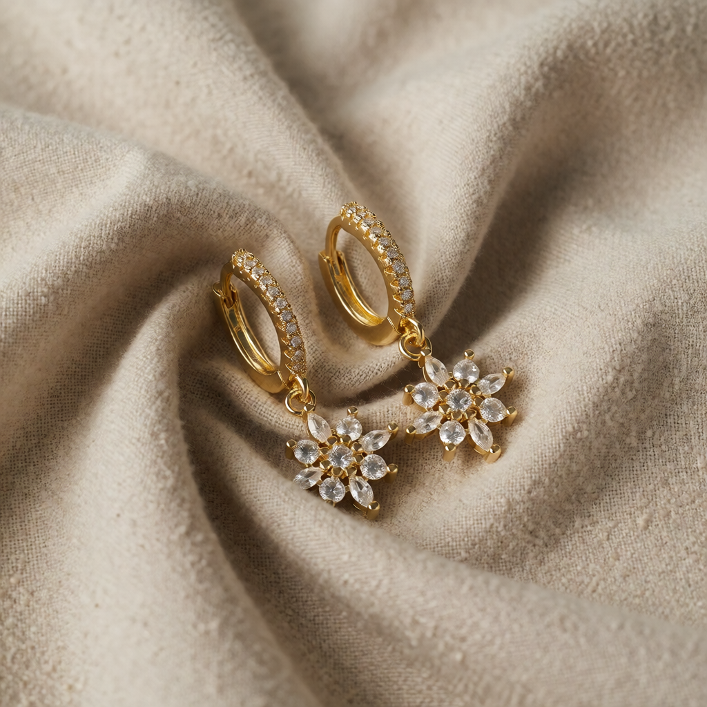Gold Drop Earrings Áine with Crystal Snowflake