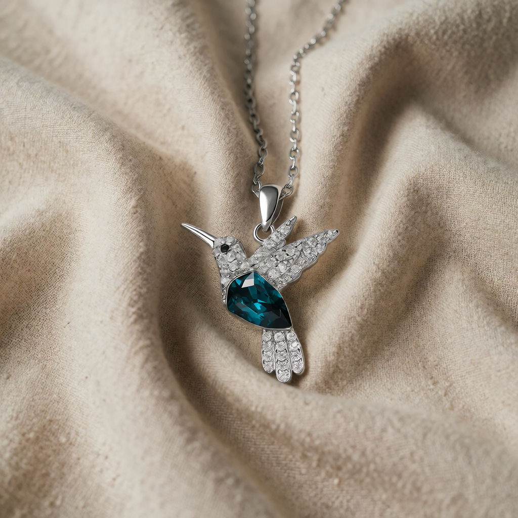Silver Necklace with Hummingbird and Blue Crystal