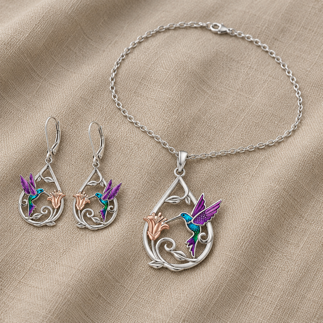 Silver Necklace Set with Hummingbird and Flower Motif