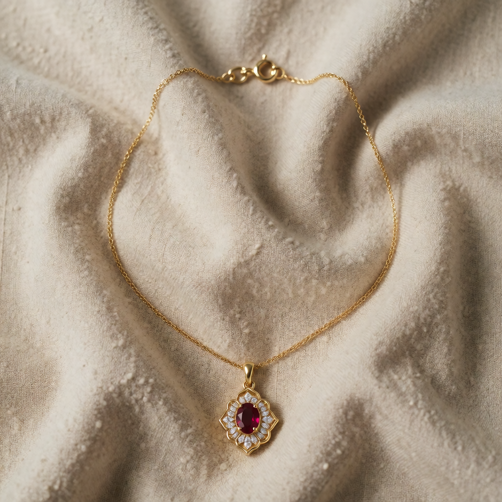 Gold Necklace Órlaith with Ruby Blossom