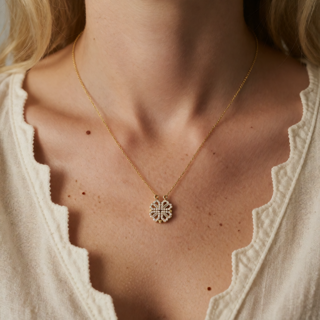 Gold Necklace Síle with Clover and Zirconia