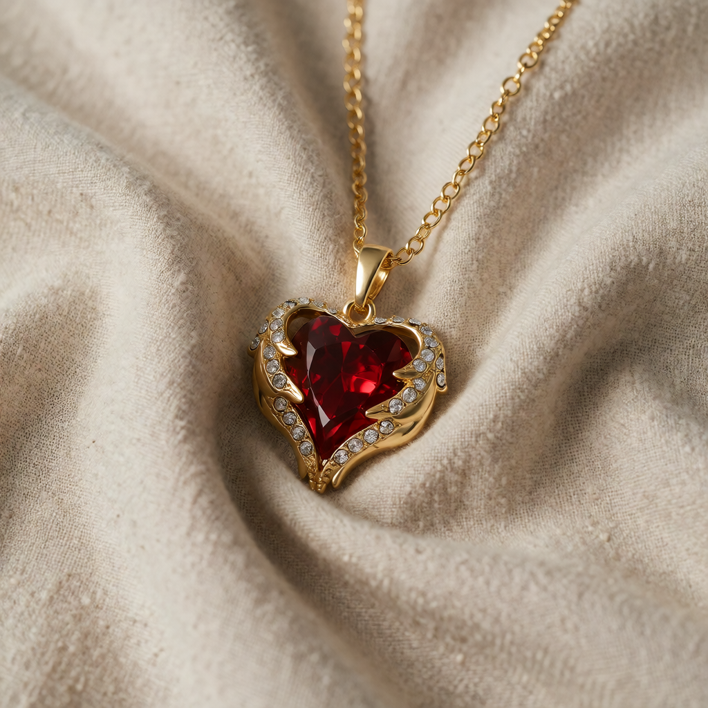 Gold Necklace Gobnait with Ruby Heart and Angel Wings