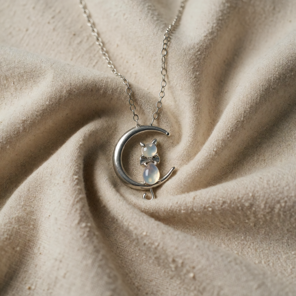Silver Necklace Eithne with Moonstone Cat on the Moon