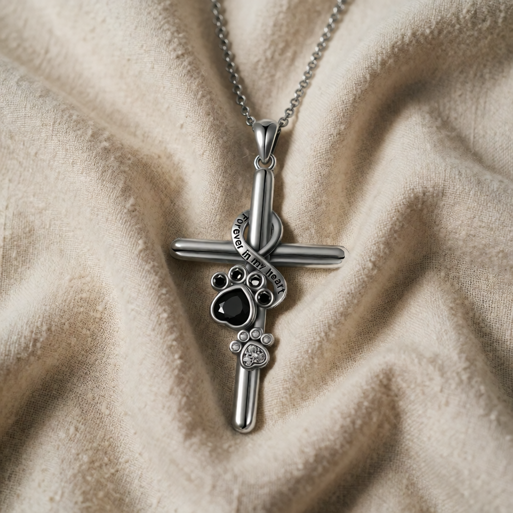 Silver Cross Necklace Siobhán with Paw Print
