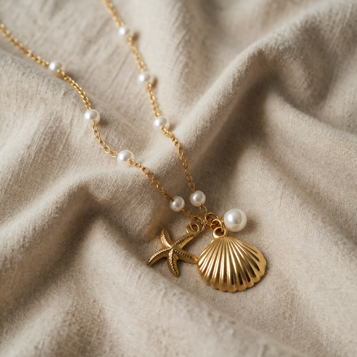 Gold Charm Necklace Dervla with Shell and Starfish