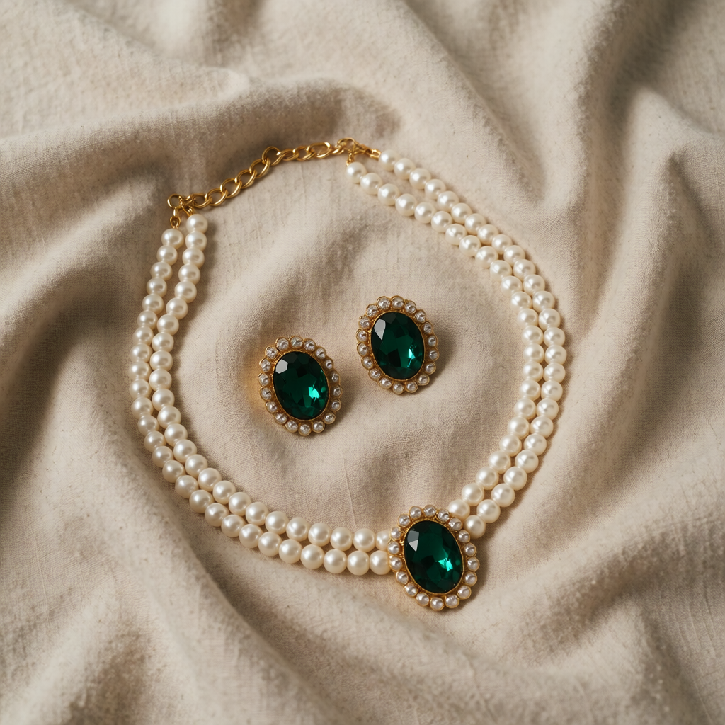 Gold Pearl Necklace Méabh with Emerald