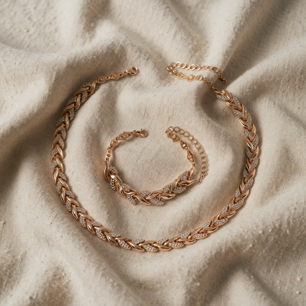 Rose Gold Necklace Set Saoirse with Laurel Leaves