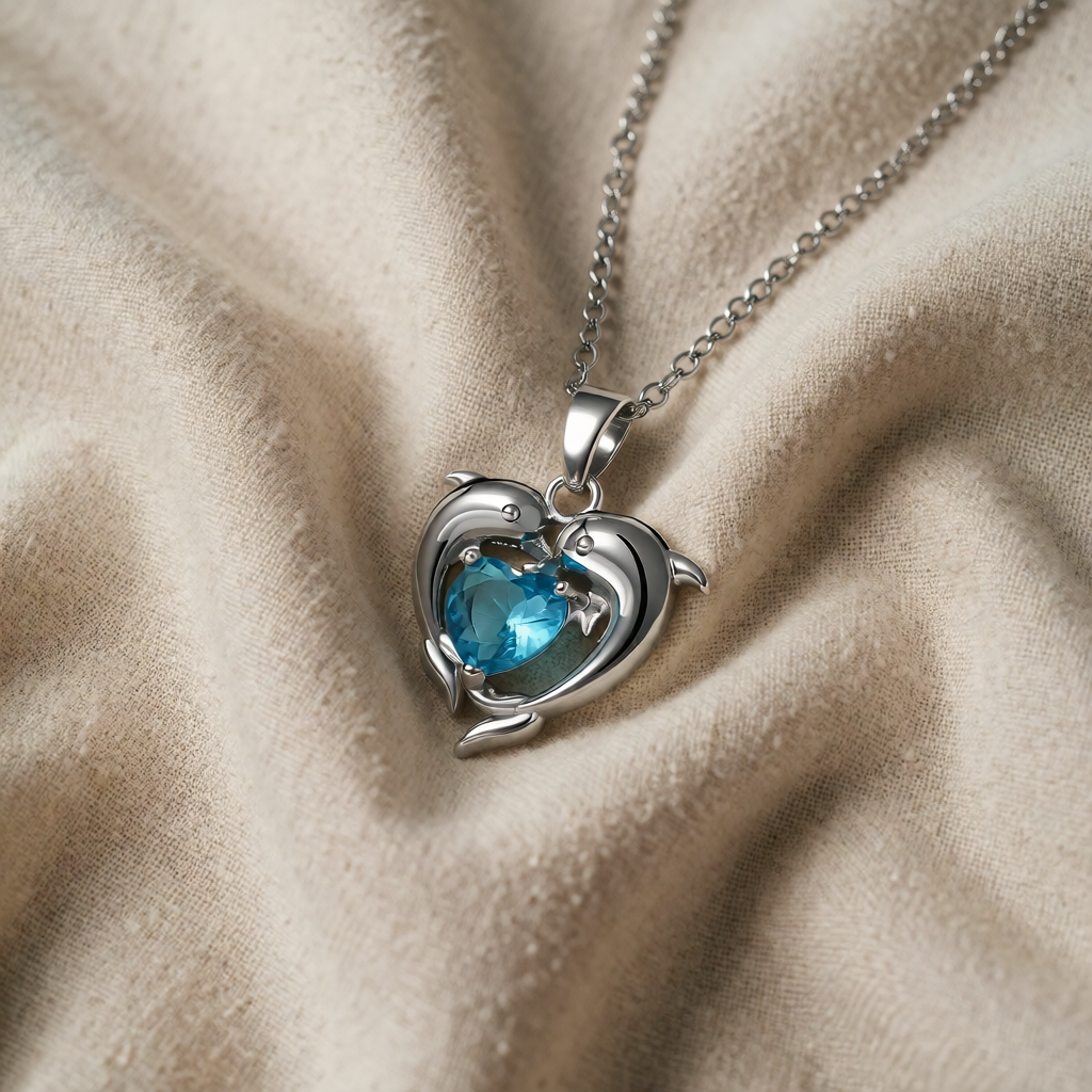 Silver Necklace Ailbhe with Dolphins and Sapphire Heart