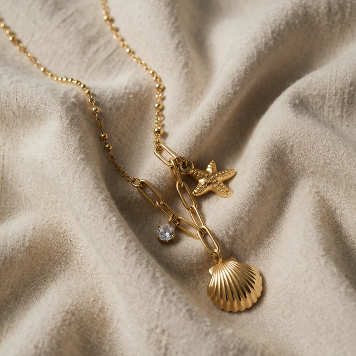 Gold Charm Necklace Clíona with Starfish and Shell