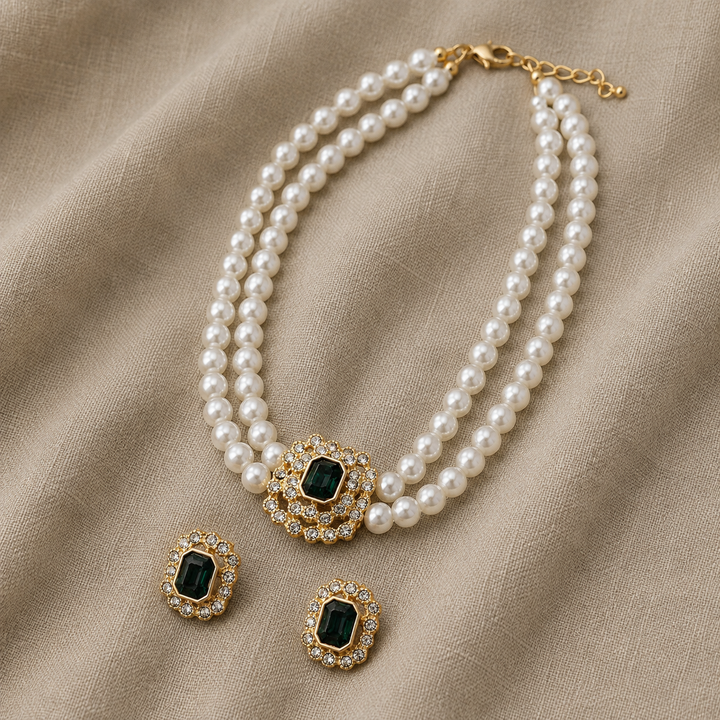 Pearl Necklace and Earrings Set with Emerald and Zirconia