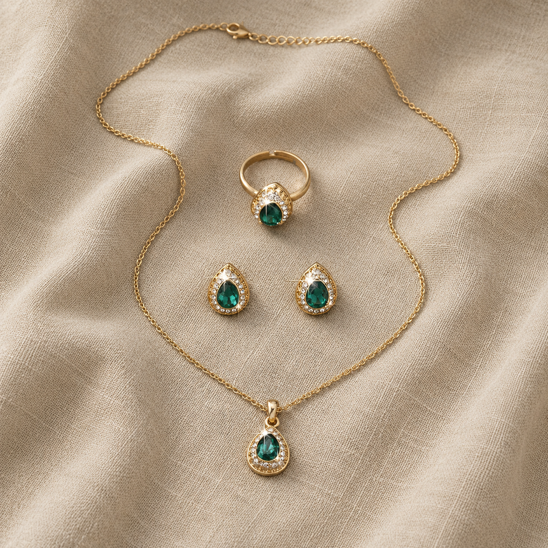 Gold Jewellery Set Íde with Emerald Teardrop