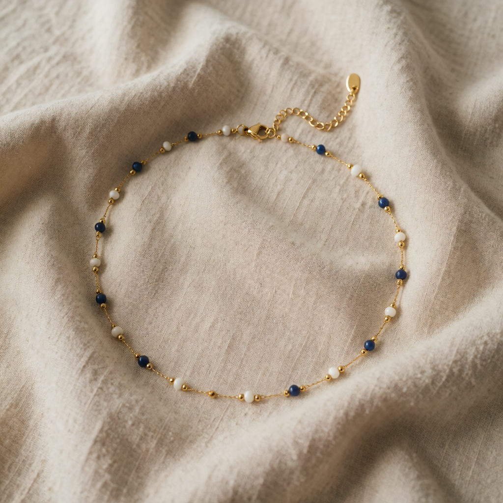 Gold Beaded Necklace Niamh with Lapis and White Beads