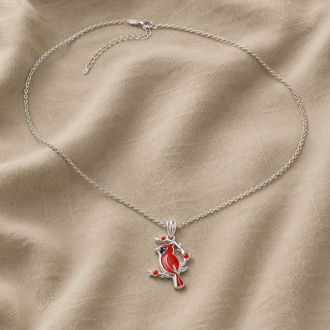 Silver Necklace Bríd with Red Cardinal