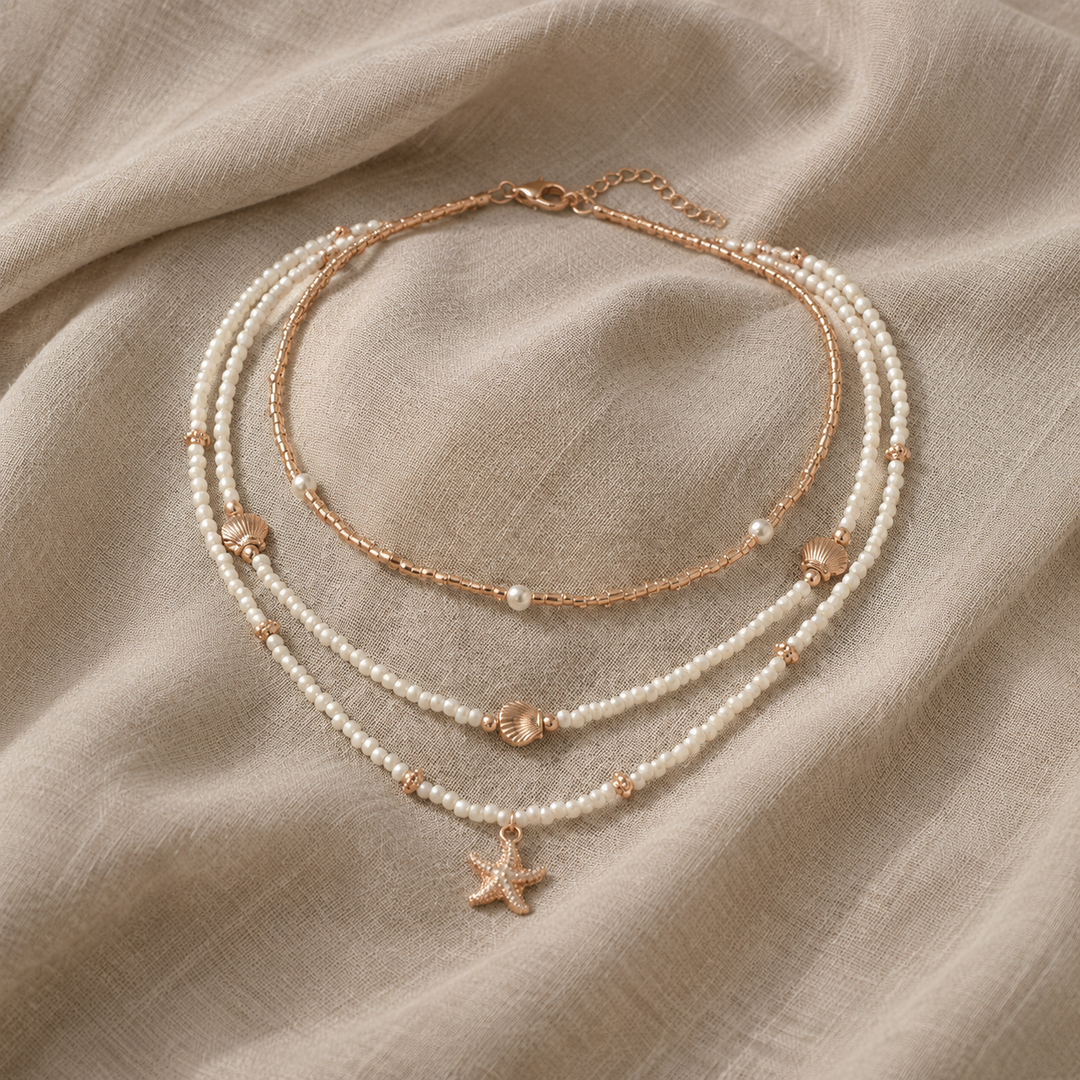 Pearl Beaded Necklace Kinsale with Starfish and Shells
